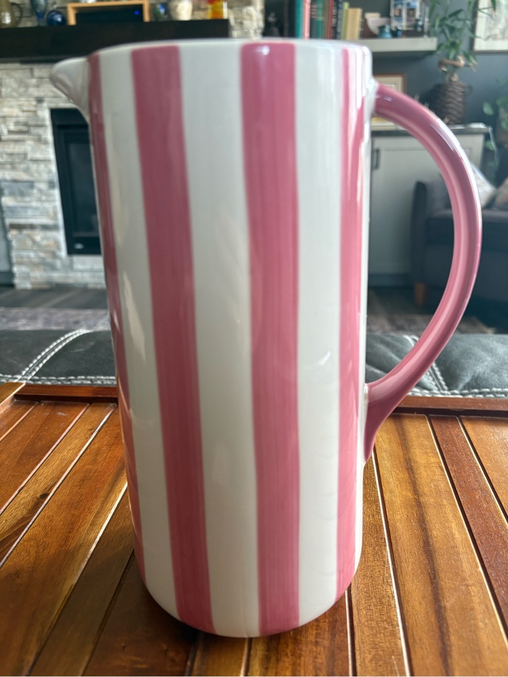 Noon & Moon Pink & White Striped Ceramic Pitcher  54oz NWOB